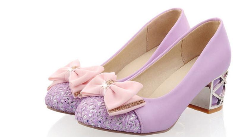 

2019 Women's shoes in Spring and Autumn with New style High heel Coarse heel round head bowknot@2113, Purple