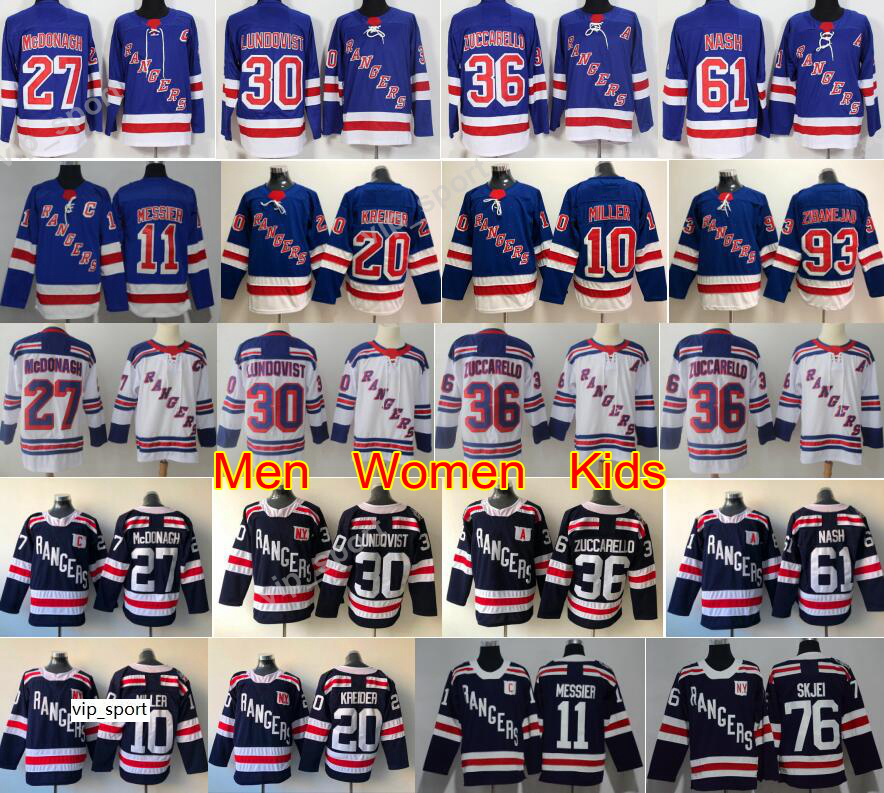 

Henrik Lundqvist 30 Jersey New York Rangers Hockey 36 Mats Zuccarello 61 Rick Nash 27 Ryan McDonagh 10 JT Miller 11 Mark Messier, White ad