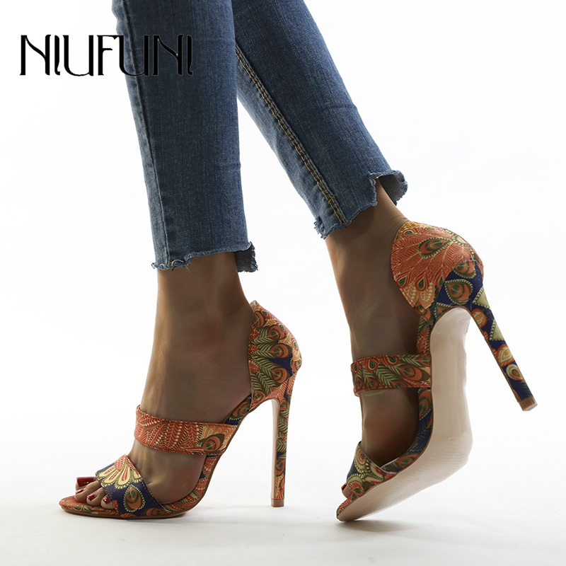 

Plus Size 42 Peacock Pattern Shallow Peep Toe Women's Sandals Stiletto High Heels Casual Women's Shoes Sandales Femmes NIUFUNI, Orange