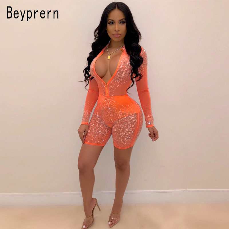 

Beyprern Glitter Beautiful Crystal Studded Romper Stretchy Long Sleeve Mesh Short Jumpsuit Night Out Sequins Playsuit Wholesale, Black