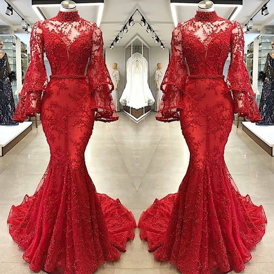 

Red Lace Mermaid Evening Dresses Sexy Illusion Poet Long Sleeves High Neck Appliqued Beaded Long Party Pageant Gowns Prom Dress, Orange
