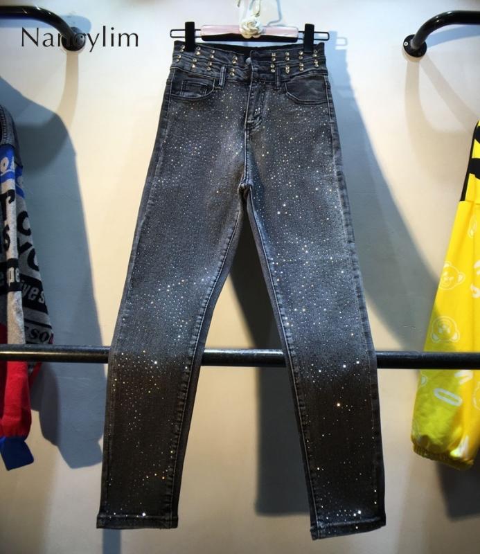 

Autumn Studded Jeans Women 2020 Autumn New Heavy Diamond-inlaid Ironing Diamond High Waist Slim Elastic Nine-cent Jeans Pants, Blue