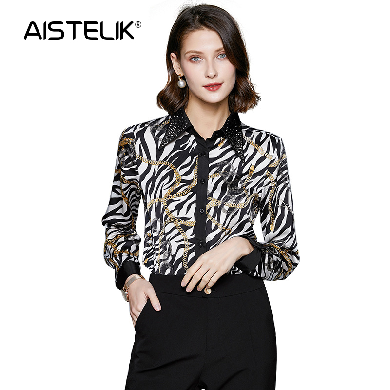 

AISTELIK 2020 spring and summer autumn fashion color shirt women' new printed lapel beaded single-breasted blouse suit, Black
