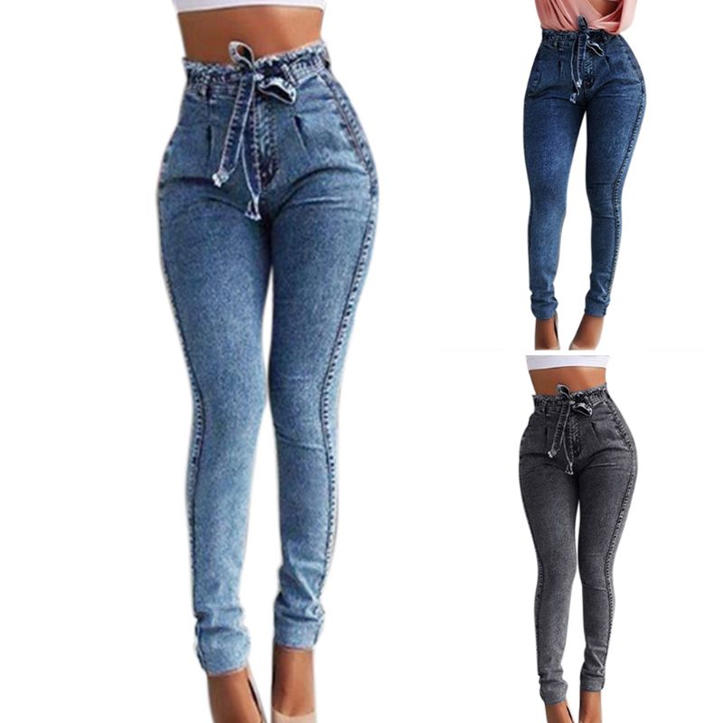

Trousers Women Tassel High Waist Stretch Skinny Jeans Lace-Up Belt Slim Pencil Long Pants C90E New, Gy