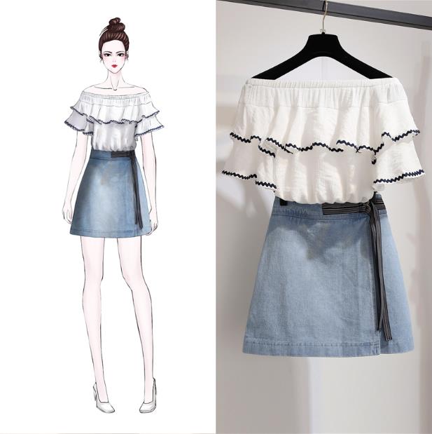 

summer new new women sister covered meat accept waist chiffon blouse top & denim belly skirt 2 pcs clothing set casual outf, Suit