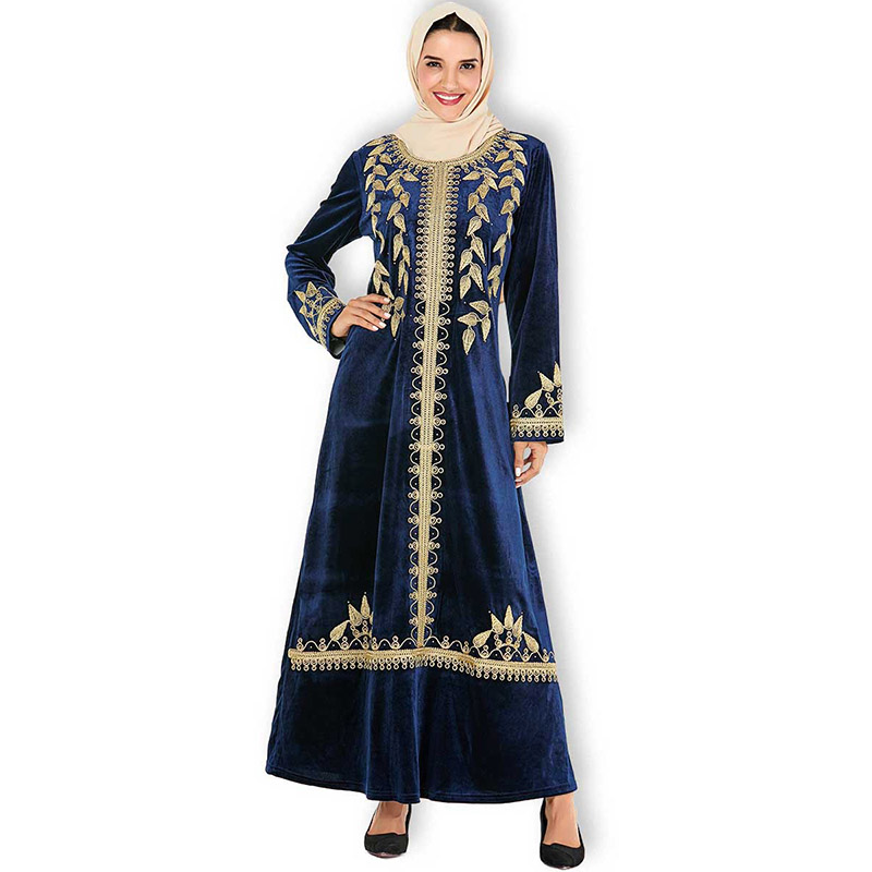 

Middle East Fashion Plus Size Women's Embroidered Dress Robe Saudi Arabia Gold Velvet Dress Muslim Long Sleeve
