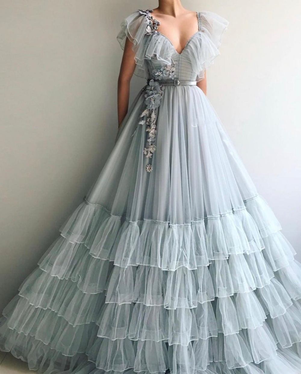 

robe de soiree 2019 A Line Evening Dress Light Blue V Neck Tulle Flowers Dubai Saudi Arabic Long Evening Gown Party Dress, Dark navy
