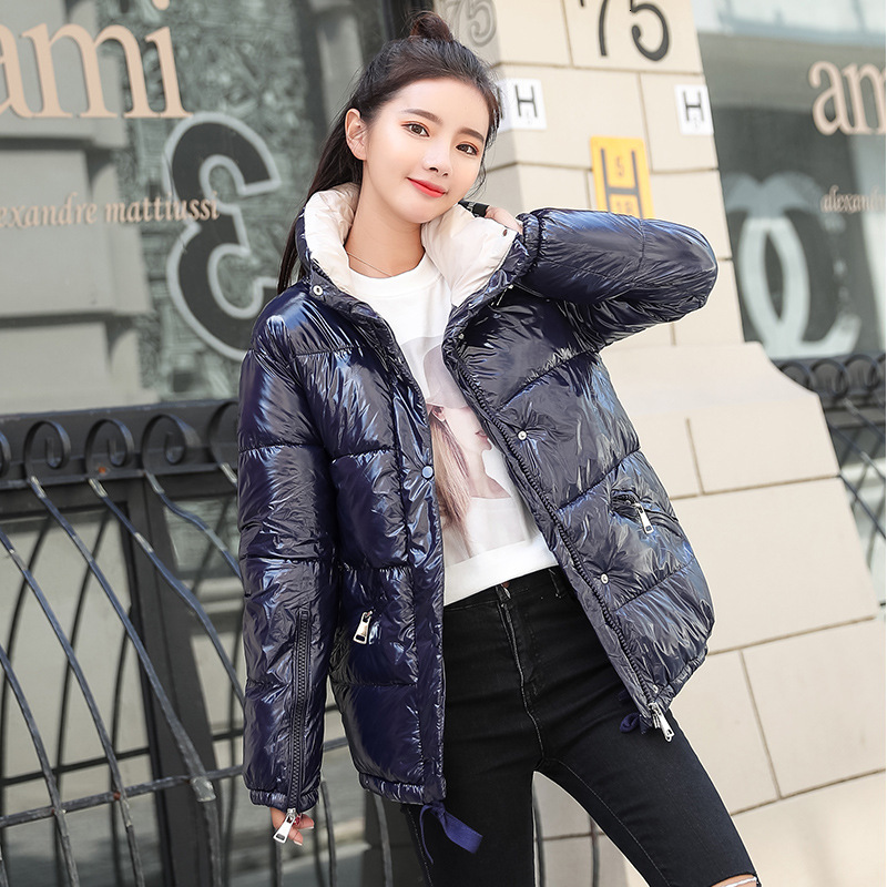 

2019 Fashion Short Glossy Parka Women Winter Jacket Cotton Padded Warm Thicken Stand Collar Short Coats Parka Womens Jackets, Black