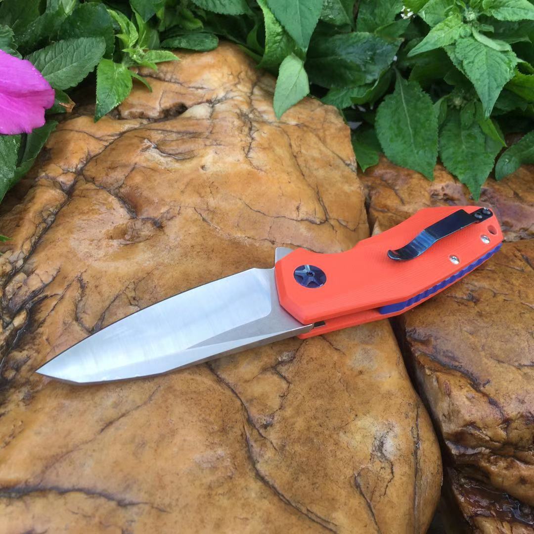 

China Custom Outdoor Folding Hunting Pocket Knives Fast Opening 5CR14 Tactical Knife Orange G10 Handle EDC Rescue Survival Knife
