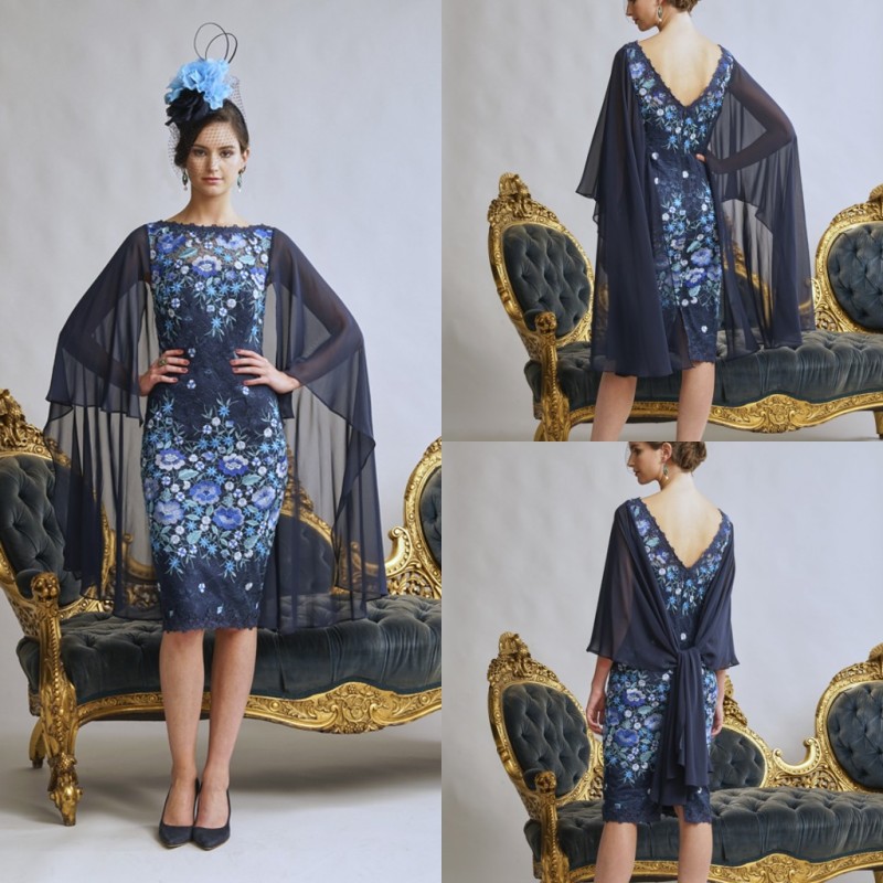 

Elegent Jillharvey Sheath Mother of The Bride Dresses Long Sleeve Wedding Guest Dress Chiffon Applique Jewel Knee Length Evening Gowns