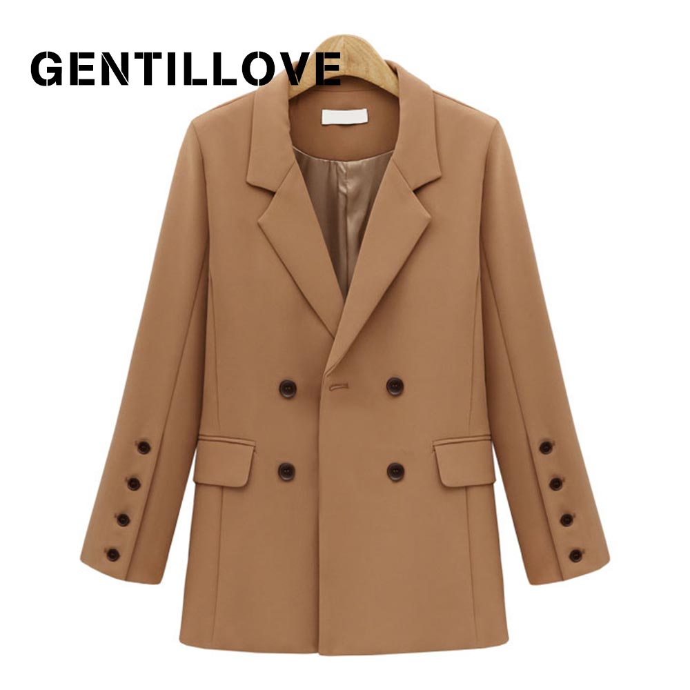 

Gentillove Women England Blazer Pockets Double Breasted Long Sleeve Office Wear Coat Solid Female Casual Outerwear Autumn New, Black