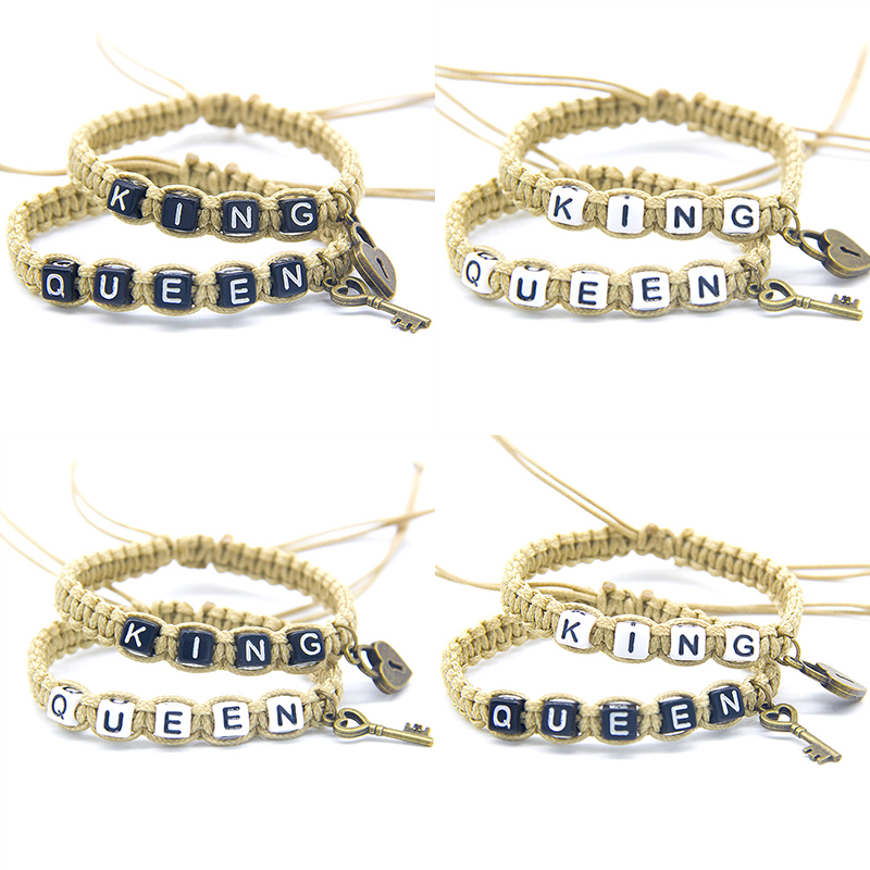 

2pcs/pair Couple Bracelets Elegant Khaki King And Queen With Key Lock Rope Chains Lovers Gifts Handmade Charm Bracelets Crafts