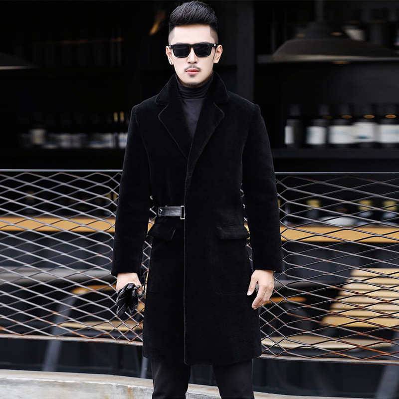 

Mens Winter Jacket 2019 Real Sheep Shearling Fur Coat Plus Size Long Slim Wool Coats Blazer Mens Clothing Veste Homme 6857 YY685, Black