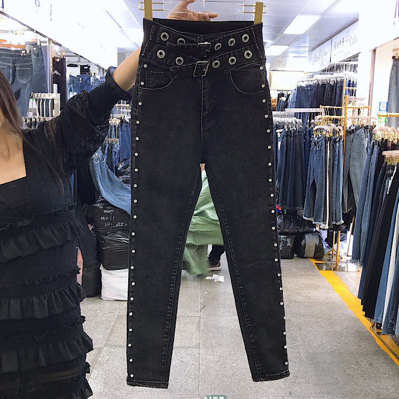 

Harajuku Beaded Black Grey Jeans Women 2020 New Spring High Waist Stretch Slim-Fit Jeans Trousers Students Pencil Pants Jean, Dark grey