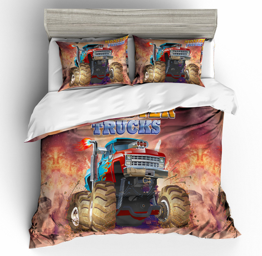 

Monster Truck King Size Bedding Set Cartoon Colorful Cool 3D Duvet Cover Queen Home Textile Double Single Bed Set With Pillowcase 3pcs, White