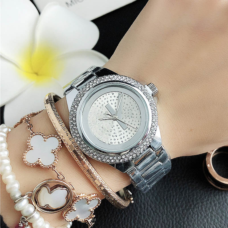 

Fashion Brand Watch women Girl crystal Big letters style Metal steel band Quartz Wrist Watches M89, Slivery;brown