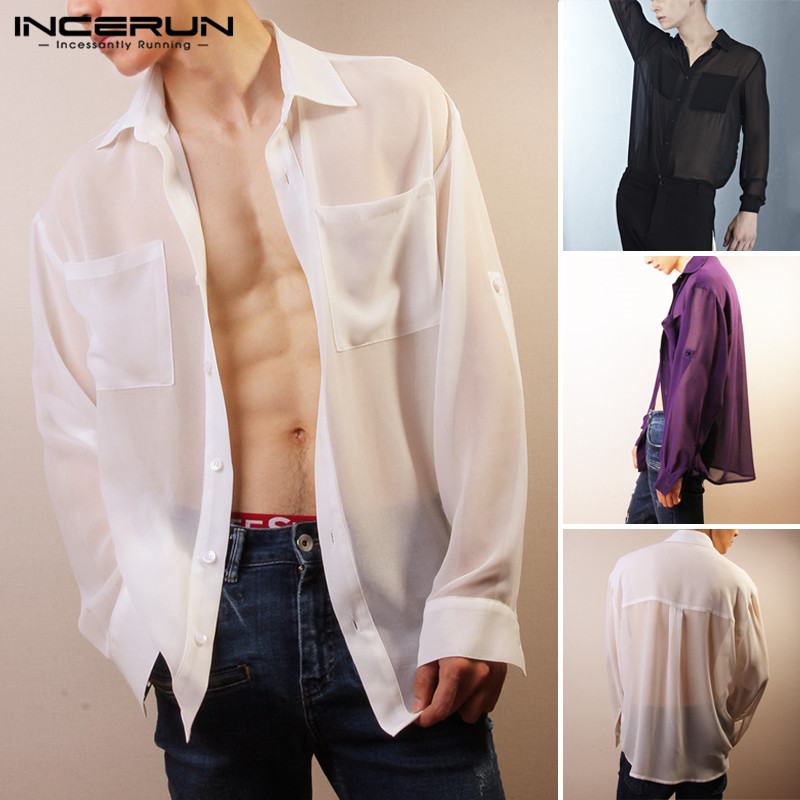 

INCERUN Men See Through Shirts Casual Long Sleeve Lapel Shirt Man Mesh Button Up Fitness Blouse Breathable Party Nightclub Tops, Black