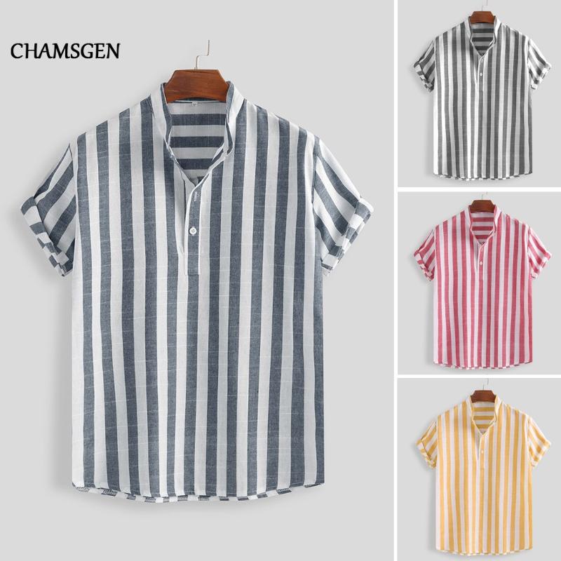 

CHAMSGEN Japanese Style Hawaiian Beach Shirts Mens Casual Streetwear Summer Hawaii Holiday Shirts Short Sleeve Stripe BlusasF519, Blue