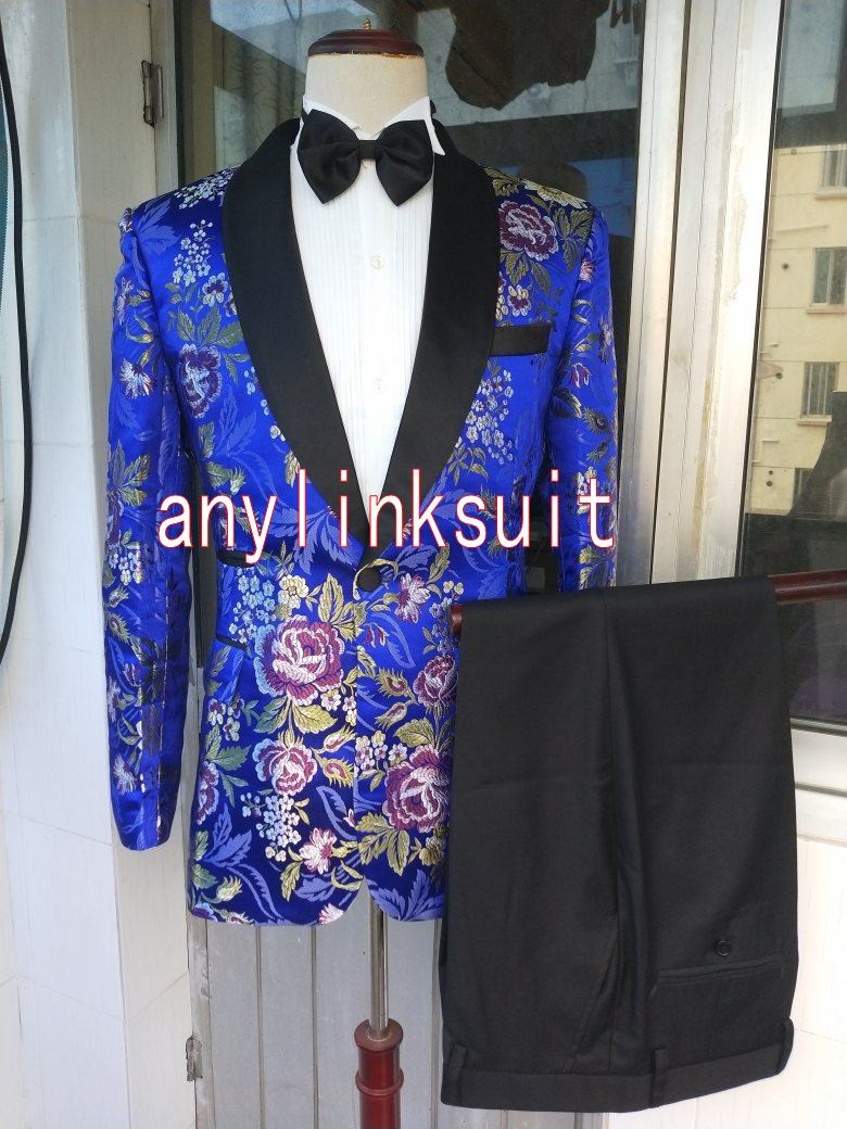 

New Popular One Button Blue Embossing Wedding Men Suits Shawl Lapel Two Pieces Business Groom Tuxedos (Jacket+Pants+Tie) W1253, Same as image
