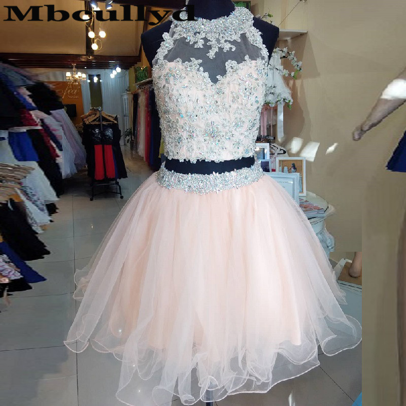 

Mbcullyd Two Pieces Short Cocktail Dresses 2020 Sexy Cross Backless Applique Lace Prom Party Gowns Crystal sukienka koktajlowa, Gold