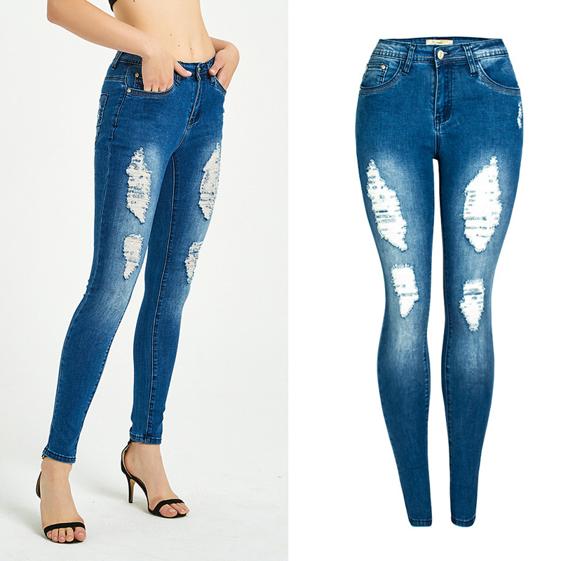 

2020 Summer Women' Jeans Vintage Stretch Hole Ripped Skinny Jeans For Women Clothing Femme Denim Pencil Pants Female Trousers, Blue