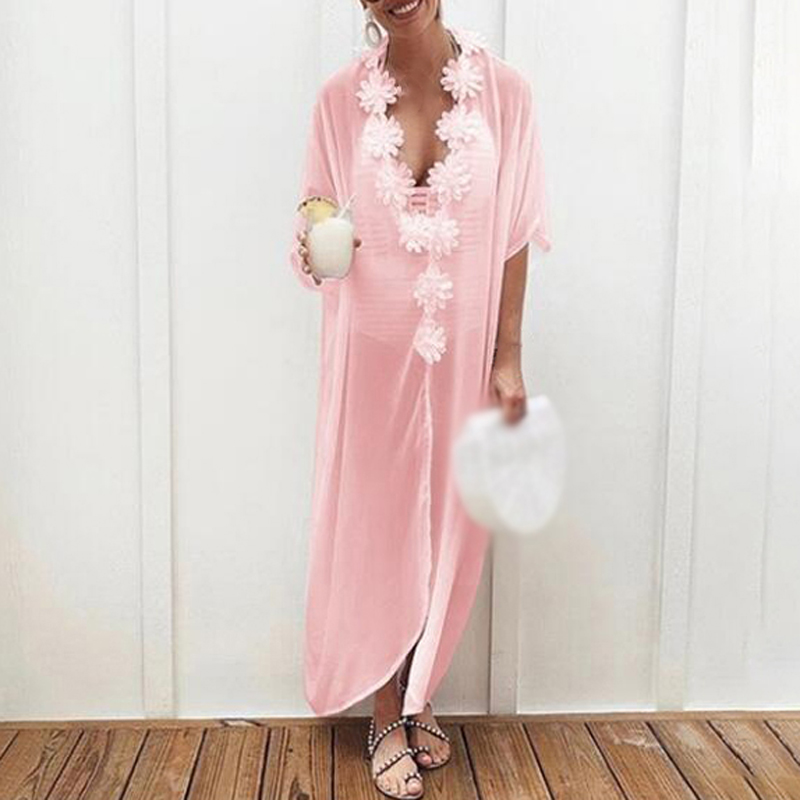 

Summer Holiday Beach Dress Women Fashion Sexy Bohemian Style Chiffon Casual Loose Stitching Flower Maxi Dress, White