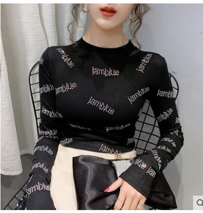 

Spring new women's o-neck long sleeve bodycon tunic cotton fabric rhinestone letters patchwork shinny bling t-shirt tops plus size MLXLXXL, Black