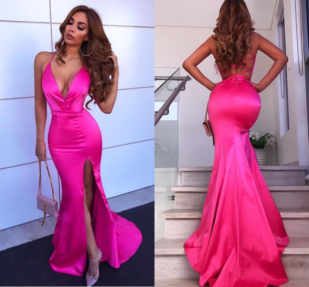 

Sexy Backless Spaghetti Mermaid Prom Dress Cheap Deep V Neck High Side Slit Evening Dress Newest Pageant Gown BM0900, Black