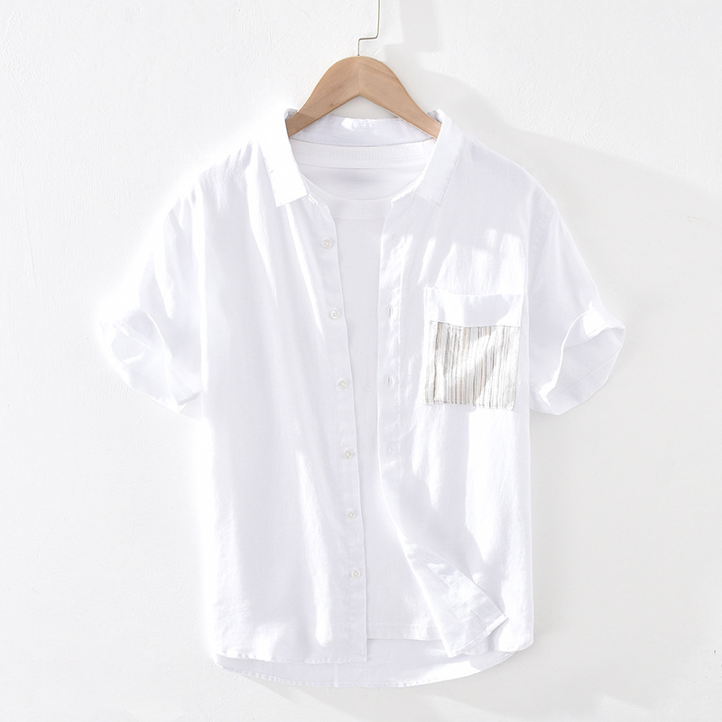 

Men Summer Fashion Japan Style 100% Linen Pockets Patchwork Turn Down Collar Short Sleeve Shirt Male Casual High Quality Shirts, White