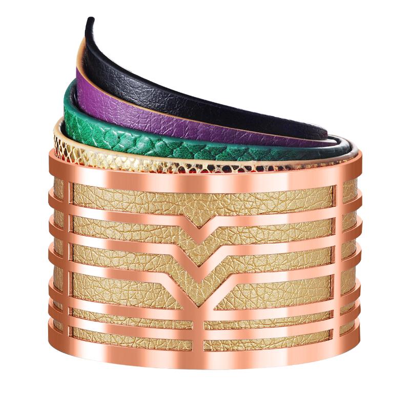 

3 Colors Hollow Stainless Steel Interchangeable Soft Rainbow Color PU Leather Magnet Button Bracelet Women Gifts