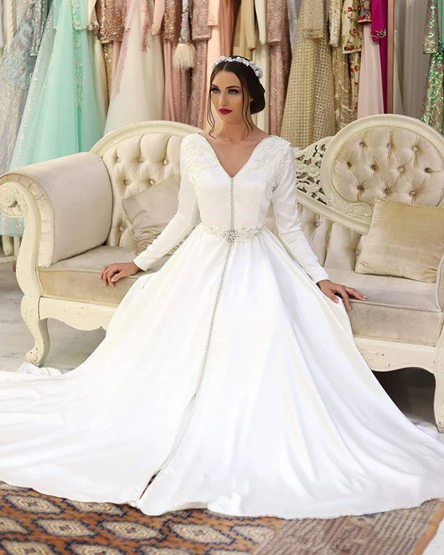 

2020 V Neck Long Sleeves Wedding Dresses with Sash Applique Buttons Bridal Gowns Sweep Satin A Line Formal Bride Dress, Gold