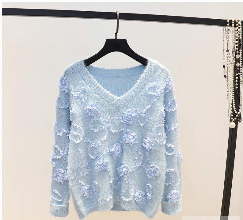 

2019 spring new fashion sweet style Lace flower petals mohair sweater female V-neck sweater long-sleeved bottom line clothing tide, White