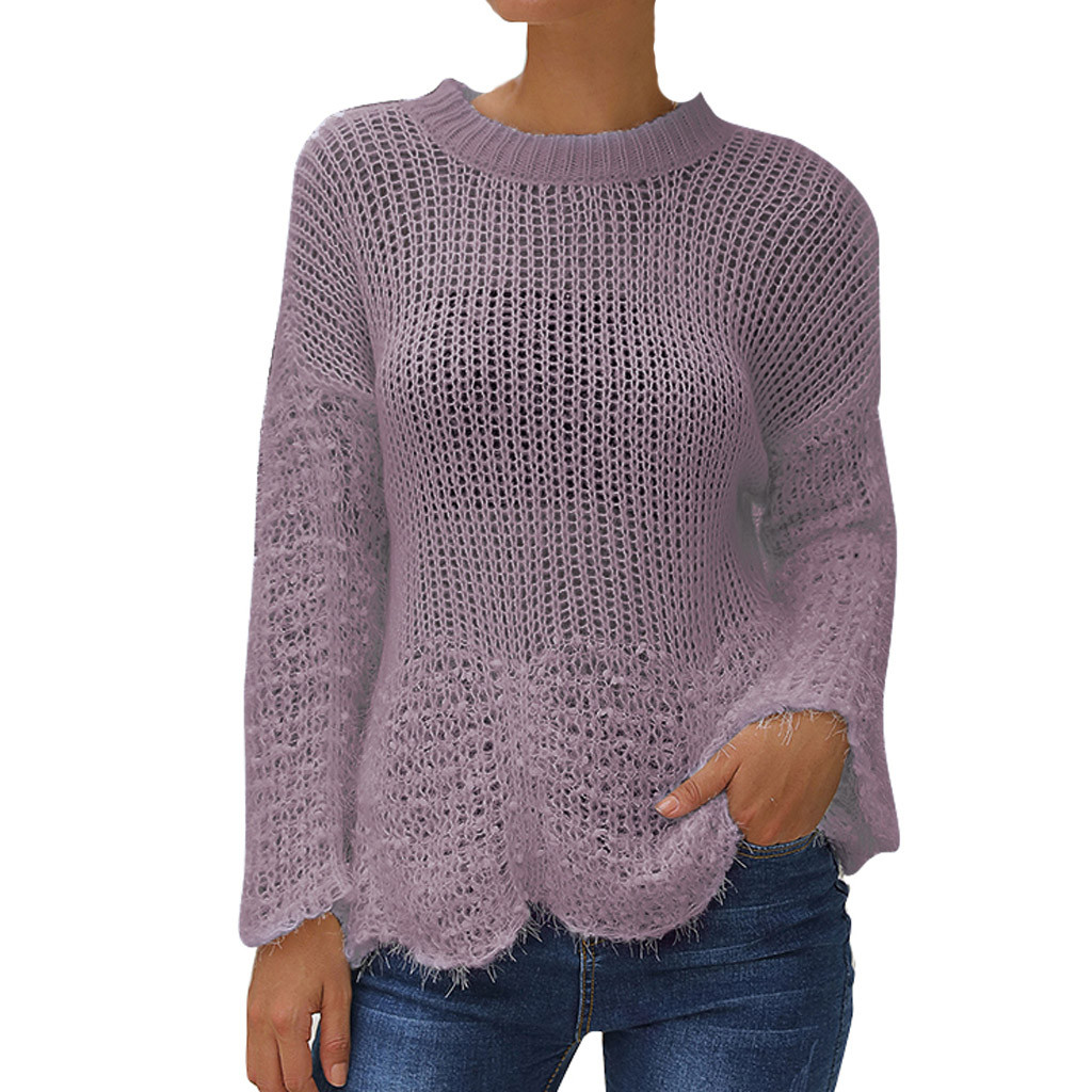 

Women Soft Knit Sweater Casual Solid O-Neck Knitted Hollow Out Batwing Sweater Slim Femme Elasticity Jumper Tops Pullover Blouse, Pink