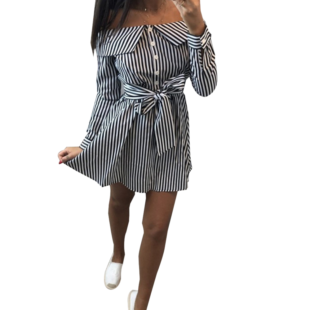 

Women Shirts Dress Elegant Off Shoulder Striped Dresses Bow Ties Dress, Blue