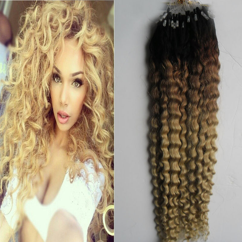 

mongolian kinky curly hair 1B/613 ombre micro loop human hair extensions 100g afro kinky curly Loop Micro Ring Hair, Black