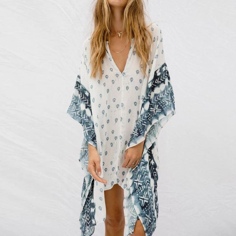 

Summer Women Dolman Sleeve Cover Up Floral Print  V neck Patchwork Chiffon Kimono beach Bathing Suit Polyester Cover Up
