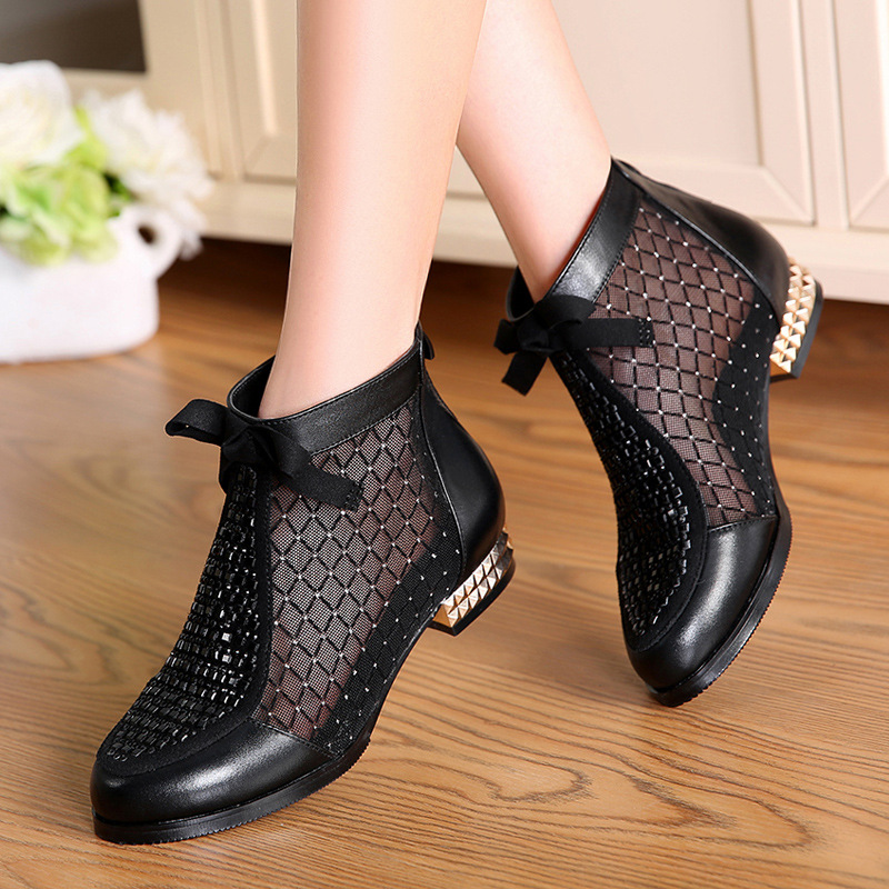 

Hot Sale Fashion Rhinestones Bow Gauze Sandals Summer Mesn Boots Spring Real Leather Women's Shoes Hollow Boots Large Size 40-43