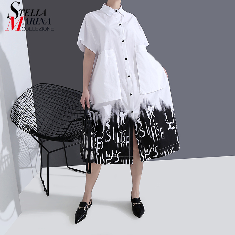

* New 2020 Women Summer White Shirt Dress Short-Sleeve Large Pocket Hem Printed Ladies Plus Size Midi Dress Loose Vestidos 6124, Black and gray 6124