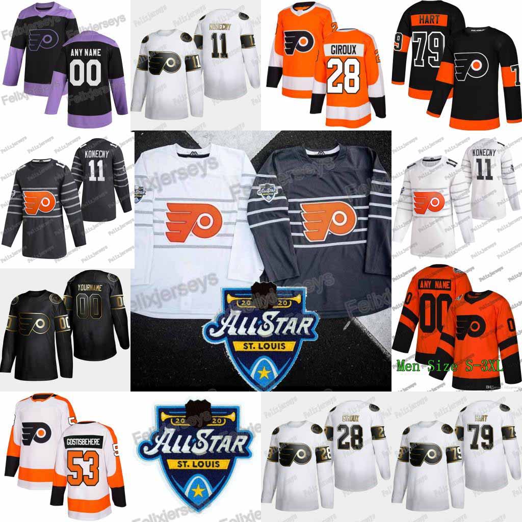 

11 Travis Konecny 2020 All Star Philadelphia Flyers Samuel Morin Jakub Vorace Claude Giroux Carter Hart Sean Couturier Ivan Provorov Jersey, Gold white men: size s-3xl