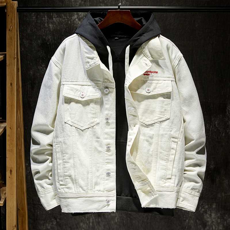 

Hi Street Mens Fashion Denim White Embroidery Jackets Patchwork Loose Jeans Coat 2020 Spring Autumn Streetwear Coat for Male