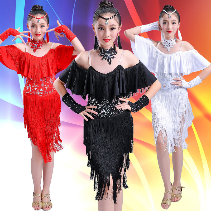 

New children's Latin dance skirt girls fringed bright diamond professional competition clothing children Latin grading costumes