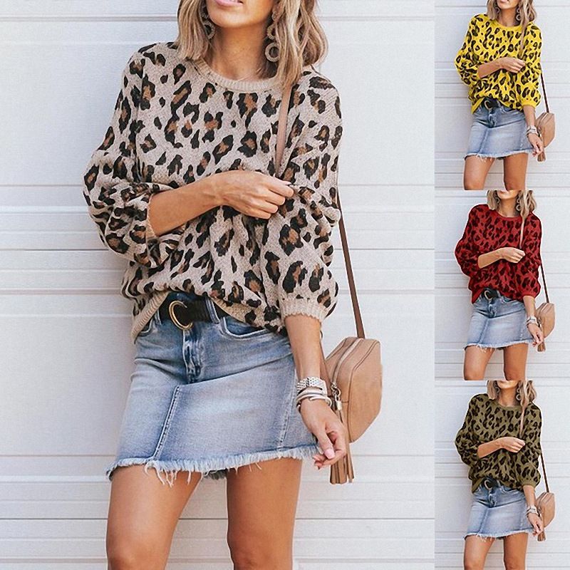 

Europe and the United States knit sweater lantern sleeve camouflage leopard jacquard sweater women, Red