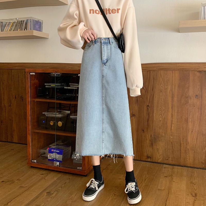 

Spring 2020 New Version Of The High Waist Hem Loose Thin Across Large And Medium Long A-shaped Denim Light Blue Skirt Women, Photo color