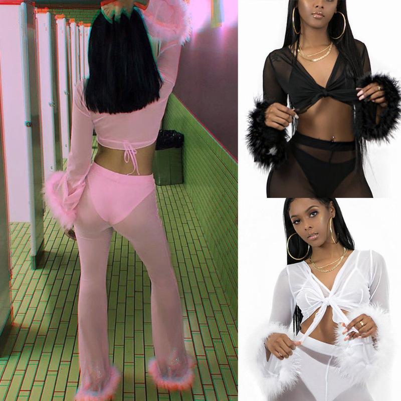 

Mesh 2 Piece Set Women Beach Cover Up Bikini Cover Up Swimwear Women Bathing Suit High Waist Beach Suit Long Sleeve Long Pants