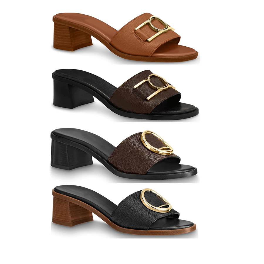 

4.5cm calf leather outsole women lady girl gold-tone Circle buckle accessory Lock It mule mid heel chunky Slides Slipper Thong Sandal Shoes, Brown