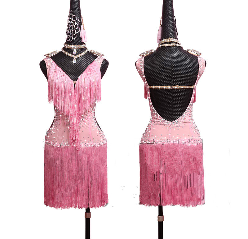 

Sexy Tassel Lady Latin Dancing Dresses Pink Sparkly Rhinestone Fashion Women Adult Professional Tango Ballroom Dancing Skirts