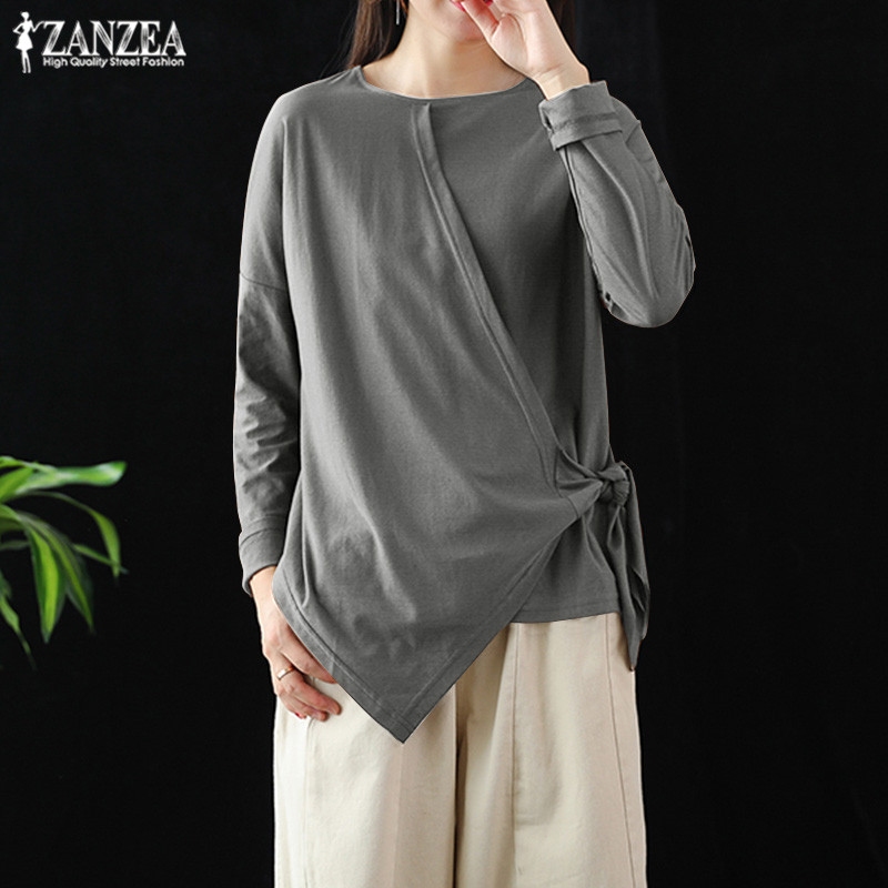 

Elegant Asymmetrical Tops Women's Blouse ZANZEA Autumn 2020 Casual Long Sleeve Shirts Female Lace Up Blusas Plus Size Tunic 5XL, Black