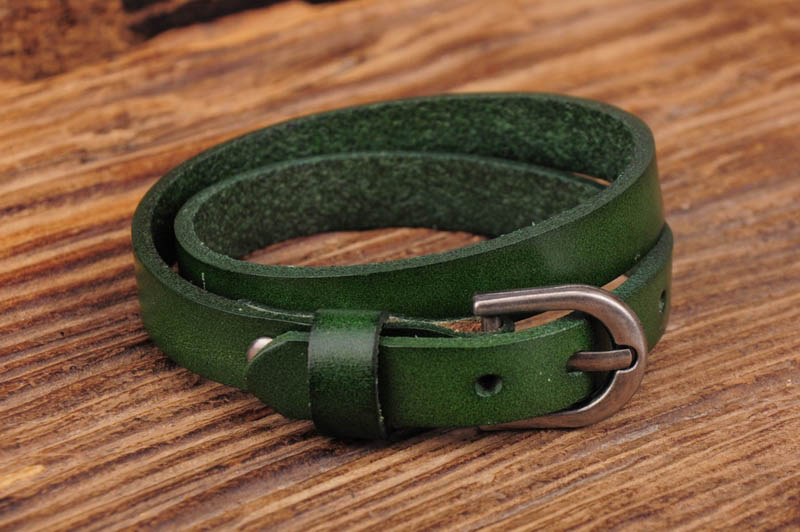 

G557 Green Biker Rock Classic Double Wrap Leather Cowhide Buckle Bracelet Cuff New