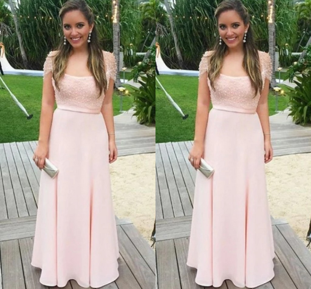 

Romantic Pearls Blue bridesmaid Wedding Guest Party Dresses Square Neck with Sleeves Chiffon Empire Prom Evening Formal Dress Cheap