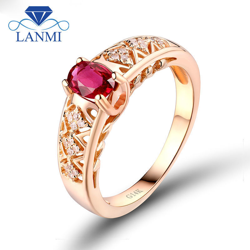 Vintage Véritable ovale rouge rubis halo Anneau Femmes Anniversaire 14K plaqué or rose